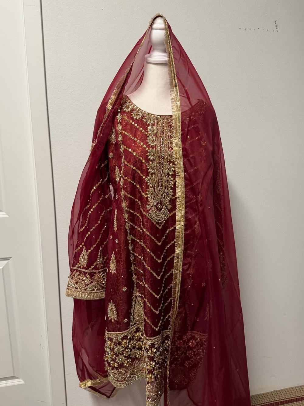 Al-Noor Fashion Maroon Gold Heavy Embroidered Pakistani 3 Piece Suit Medium